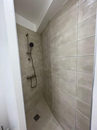 La salle de bains est pourvue d'une douche carrelée. dans l'établissement Studio proche du centre-ville, à Arles