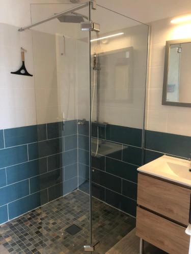 une salle de bain avec une douche en verre et un lavabo dans l'établissement La Grange de la Brousse, à La Brousse