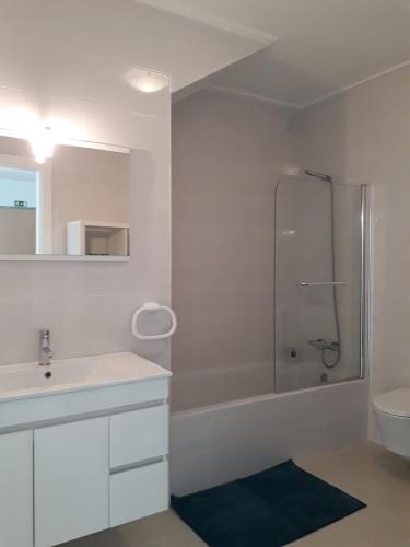 a bathroom with a shower and a sink and a toilet at Silver Coast Holiday in Salir de Porto