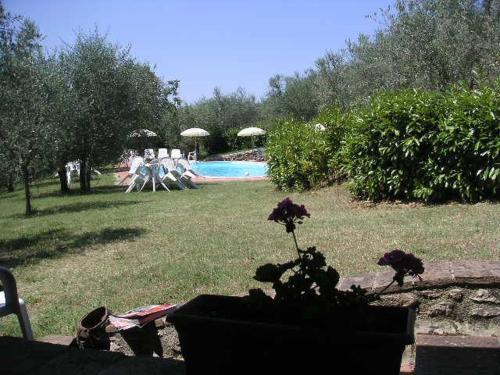 a garden with a pool and people sitting in chairs at Podere Piemonti in Serre di Rapolano