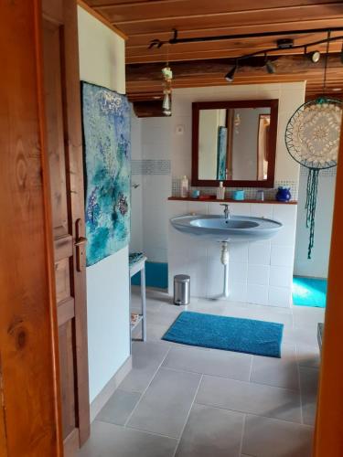 W łazience znajduje się umywalka i lustro. w obiekcie Gîte de la Ouedolle w mieście Sengouagnet