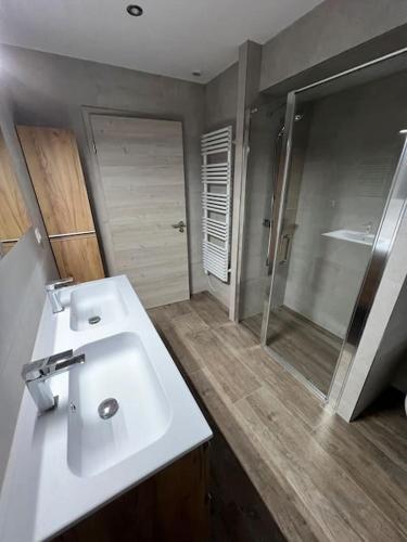 une salle de bain avec un lavabo blanc et une douche dans l'établissement Gîte du Bretzel, à Wihr-au-Val