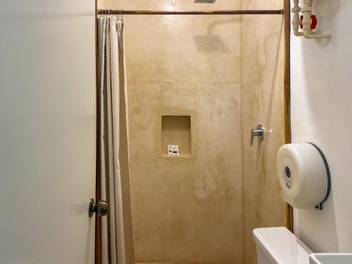a shower with a glass door in a bathroom at Casa Sacek in Valladolid