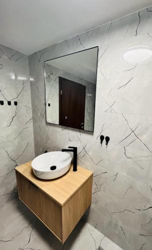 a bathroom with a sink and a mirror at Studio Apartmani Sladakovic in Kistanje