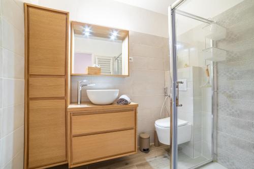 une salle de bain avec un lavabo, des toilettes et un miroir dans l'établissement Idéalement situé studio éco-responsable classé 3*, à Roquebrune-Cap-Martin