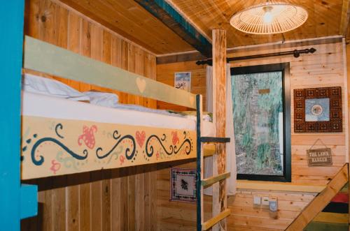 a bedroom with two bunk beds and a window at Fain in Lunca Bradului