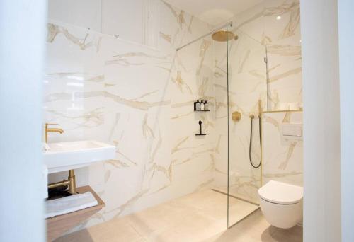 W łazience znajduje się prysznic, toaleta i umywalka. w obiekcie Anegang Boutique Hotel w mieście Haarlem
