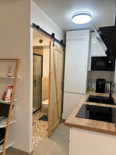 une cuisine avec un réfrigérateur blanc et un évier dans l'établissement Apparemment au bord du lac,10 min de Paris,12 min de stade France, à Épinay-sur-Seine