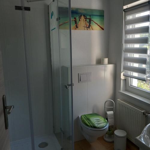a bathroom with a toilet and a glass shower at Gästezimmer Melz in Rüdersdorf