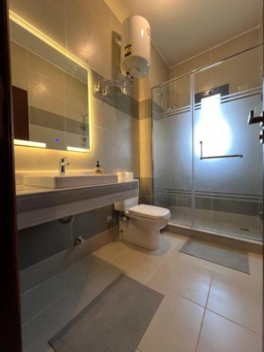 y baño con aseo, lavabo y ducha. en Azha Luxury vacation villa Ain sokhna - families only, en Ain Sokhna