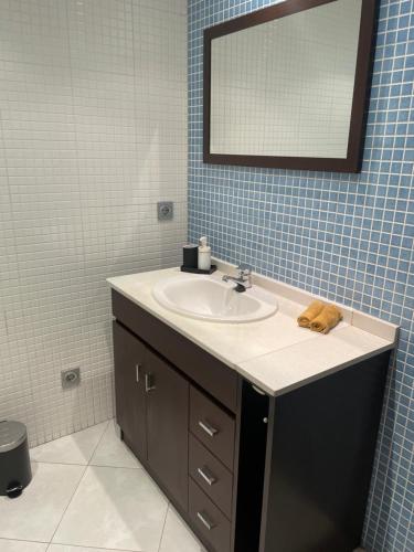 W łazience znajduje się umywalka i lustro. w obiekcie Apartamento en Olvan 3 - ALBERGA w mieście Olvan