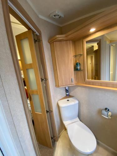 a small bathroom with a toilet and a mirror at Red Squirrel Lodge in Sandown