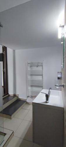 a white kitchen with a sink and a sink at La Coti in Braşov