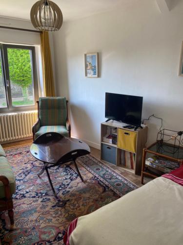 a living room with a chair and a flat screen tv at Charmante maison bretonne en pierre in Langourla