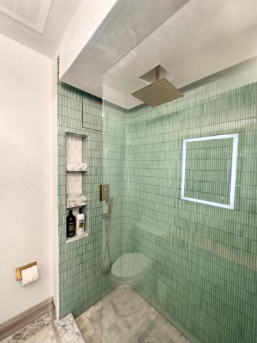 a green tiled bathroom with a shower with a toilet at Shadowcrest in Fleischmanns