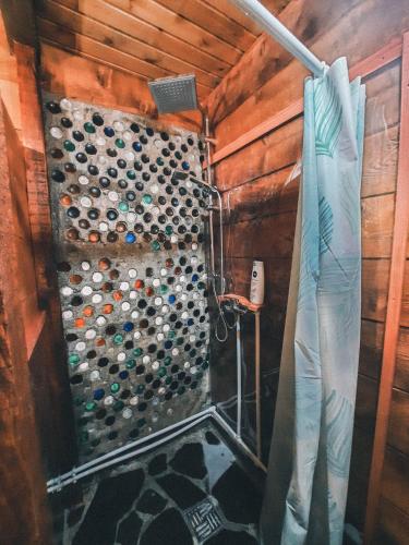 a shower in a room with a wall of wine bottles at Fain in Lunca Bradului