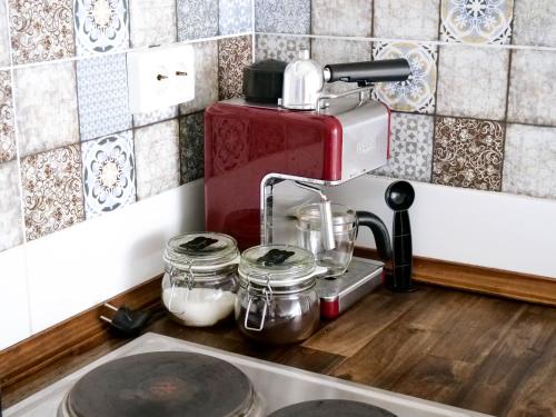 Tagyon的住宿－Pipacs Apartman，厨房柜台上装有搅拌器和罐子