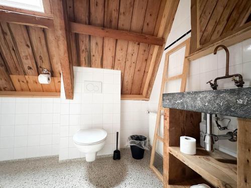 a bathroom with a white toilet and wooden walls at Weeshuis klein in Enkhuizen