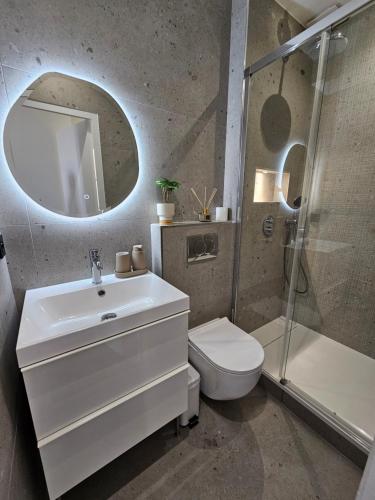 une salle de bain avec un lavabo, des toilettes et un miroir dans l'établissement Face port Vauban - En plein cœur du vieil Antibes, à Antibes