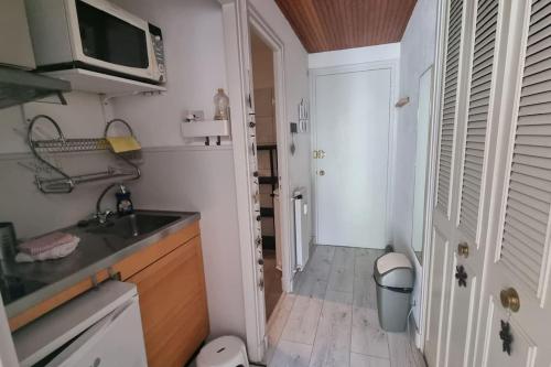 una piccola cucina con lavello e microonde di Studio à Valberg pour 4 pers face aux pistes a Péone