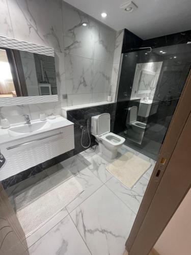 莫納斯提爾的住宿－PALM LAKE RESORT FOLLA，白色的浴室设有水槽和卫生间。