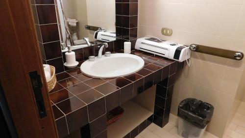 a bathroom with a white sink and a mirror at Casa BnB Pappappero Monti della Laga in Fioli