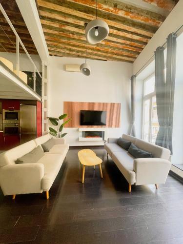 uma sala de estar com dois sofás e uma televisão em Carretas dúplex exterior derecha em Madri