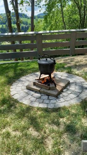 a grill with a pan on top of it on a patio at Dom Camelowo Willa in Brenna