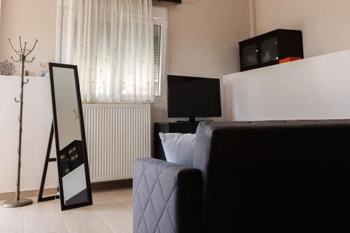 Ayiá的住宿－Melivoia Apartment，带沙发和镜子的客厅
