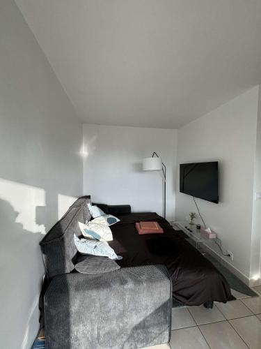 une chambre avec un lit, une chaise et une télévision dans l'établissement Appartement T2, à Vannes