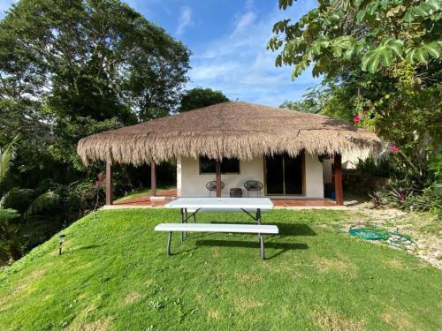 una mesa de picnic frente a una cabaña con techo de hierba en Cabaña Sofía Bacalar en Bacalar