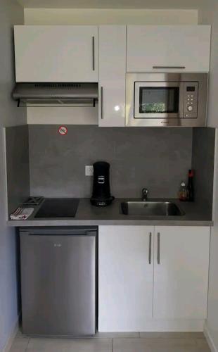 une petite cuisine avec un évier et un micro-ondes dans l'établissement Studio HAPPY'Home tout confort proche Rouen, à Saint-Étienne-du-Rouvray