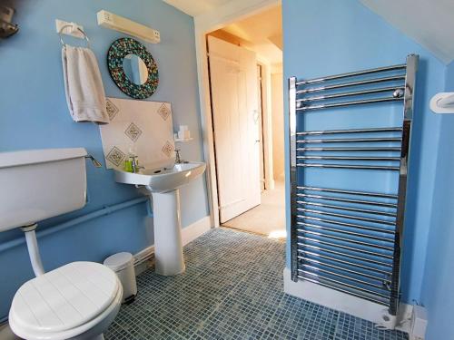 a blue bathroom with a toilet and a sink at Harbour House Holiday Home in Porlock