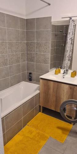 une salle de bain avec une baignoire, un lavabo et un miroir dans l'établissement Appartement cosy de 2 chambres, à Montpellier