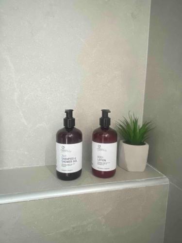 two bottles of soap sitting on a shelf with a plant at Αura Luxury Apartments in Ierissos