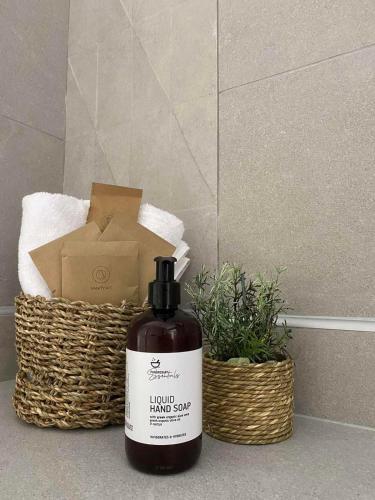 a bottle of liquid hand soap next to a basket at Αura Luxury Apartments in Ierissos