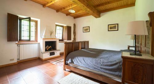 a bedroom with a bed and a fireplace at Ca' Becca-Bioglio in Bioglio