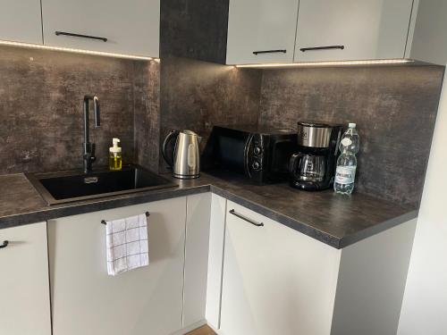 blat kuchenny ze zlewem i kuchenką mikrofalową w obiekcie Apartament Dekerta garaż, duży taras, smart tv w mieście Gorzów Wielkopolski