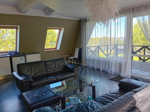 a living room with leather furniture and a large window at Atpūtas vieta Ežezers in Andzeļi