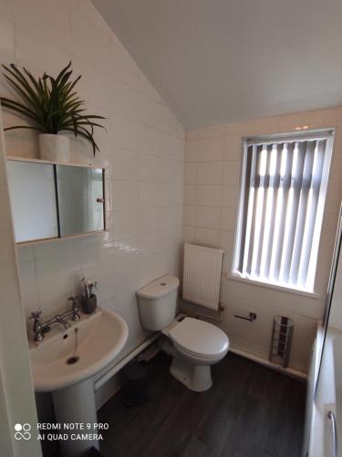 a white bathroom with a toilet and a sink at Luxury 3 Bedroom House in Birmingham