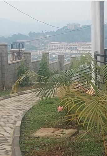 a garden with palm trees on top of a building at Freeve Suites Akright City Bwebajja in Buzzi