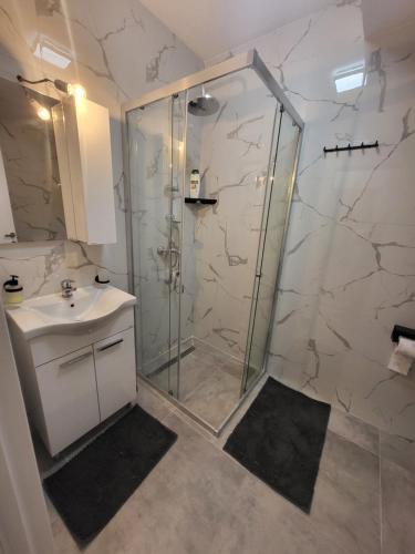 W łazience znajduje się prysznic i umywalka. w obiekcie 2B Apartment w mieście Petrovec