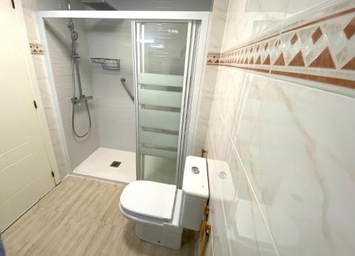 ein Bad mit einem WC und einer Dusche in der Unterkunft Apartamento en Voramar a 2 minutos de la playa in Benicàssim