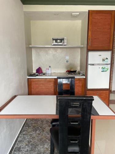 a small kitchen with a counter and a refrigerator at Apartamento tipo estudio in Mérida