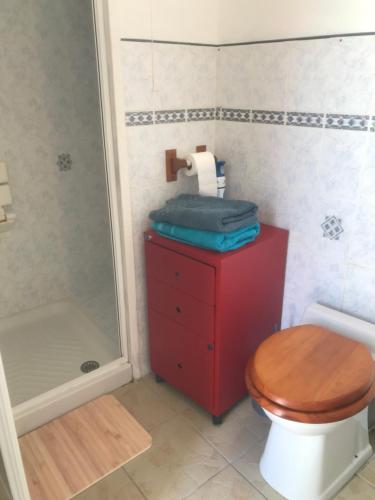 a bathroom with a toilet and a red cabinet at Charmante maisonnette proximité cité médiévale et bords de Rance in Dinan