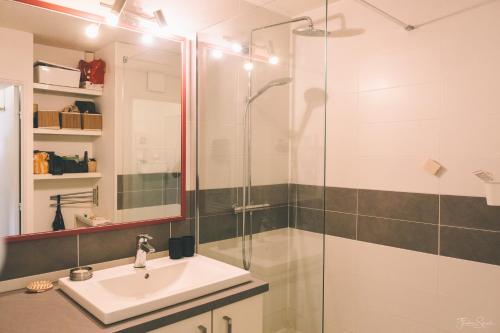 une salle de bain avec un lavabo et une douche dans l'établissement Superbe appartement, 1min du tramway, parking, A/C, à Blagnac