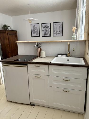 une cuisine avec un évier et un plan de travail dans l'établissement Gustave charmant appartement en cœur de ville à 20 mètres de la mer, à Les Sables-dʼOlonne