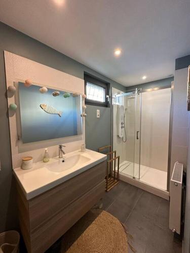une salle de bain avec un lavabo et une douche dans l'établissement Villa Fleurette Arcachon l aiguillon, à Arcachon