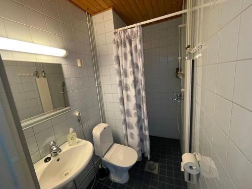 a bathroom with a sink and a toilet and a mirror at Toimiva huoneisto kahdelle! Smart TV, Saimaanranta, nopea netti! in Lappeenranta
