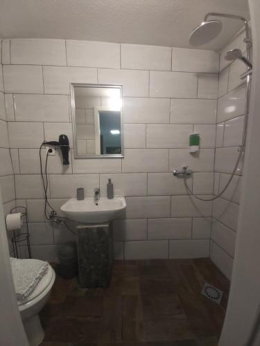 W łazience znajduje się umywalka, toaleta i lustro. w obiekcie Panda Rooms w Mariborze